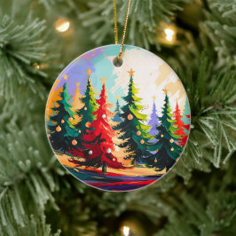 Christmas Trees Landscape Painting  Ceramic Keramik Ornament