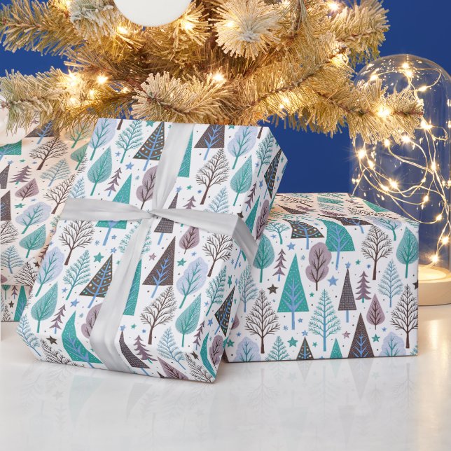 Christmas Trees Pattern in Teal and Purple Geschenkpapier (Feiertage)