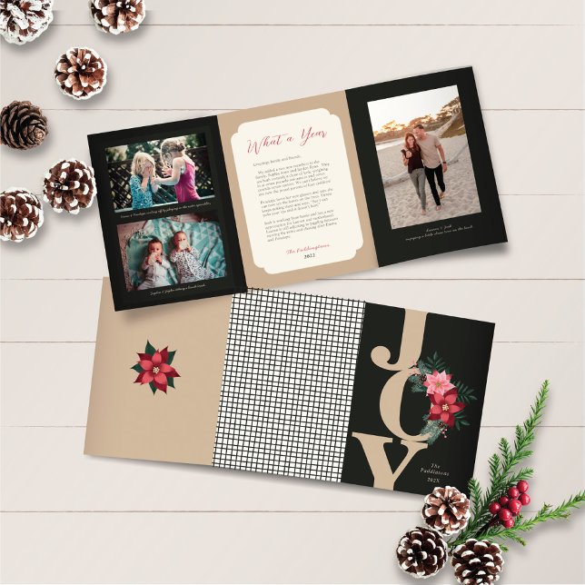 Christmas Trifold Foto Red Black Joy Floral Dreifach Gefaltete Urlaubskarte (Von Creator hochgeladen)