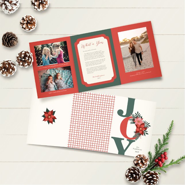 Christmas Trifold Foto Red Green Joy Floral Dreifach Gefaltete Urlaubskarte (Von Creator hochgeladen)