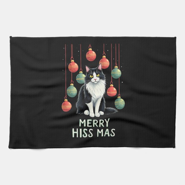 Christmas Tuxedo Cat with Holiday Decorations Merr Geschirrtuch (Horizontal)
