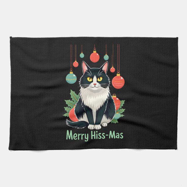 Christmas Tuxedo Cat with Holiday Decorations Merr Geschirrtuch (Horizontal)