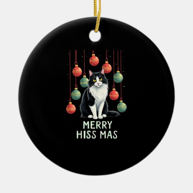 Christmas Tuxedo Cat with Holiday Decorations Merr Keramik Ornament (Vorne)