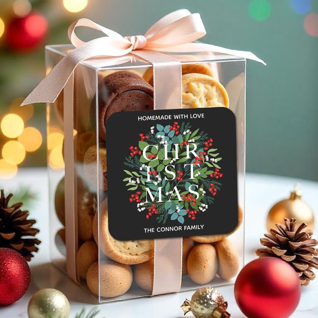 CHRISTMAS Typografie Holly Berries Homemade Quadratischer Aufkleber (CHRISTMAS Typography Greenery and Berries Homemade with Love 3" Square Stickers)