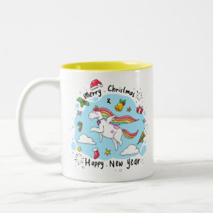 Christmas Unicorn Doodle Yellow Zweifarbige Tasse
