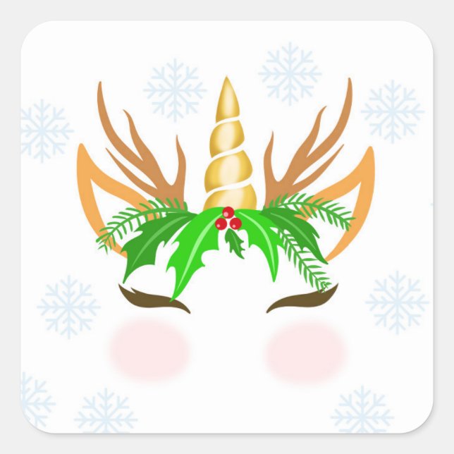 Christmas Unicorn Face Quadratischer Aufkleber (Vorderseite)