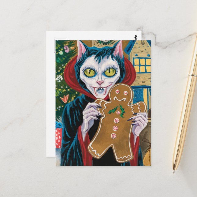 Christmas Vampire Kitty mit Gingerbread Mann Postkarte (Vorderseite/Rückseite Beispiel)