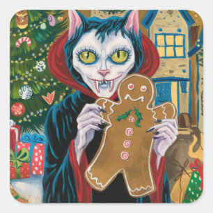 Christmas Vampire Kitty mit Gingerbread Mann Quadratischer Aufkleber
