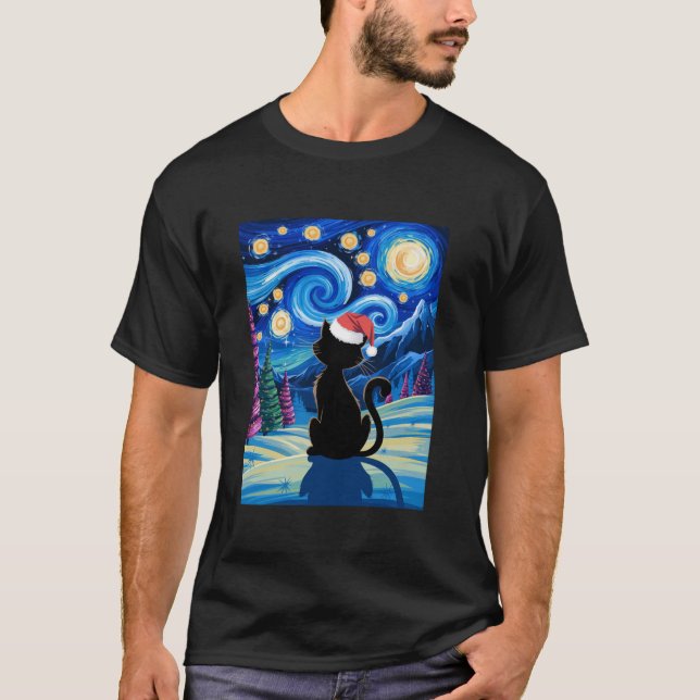 Christmas Van Gogh Cat Starry Night Black Cat Sant T-Shirt (Vorderseite)