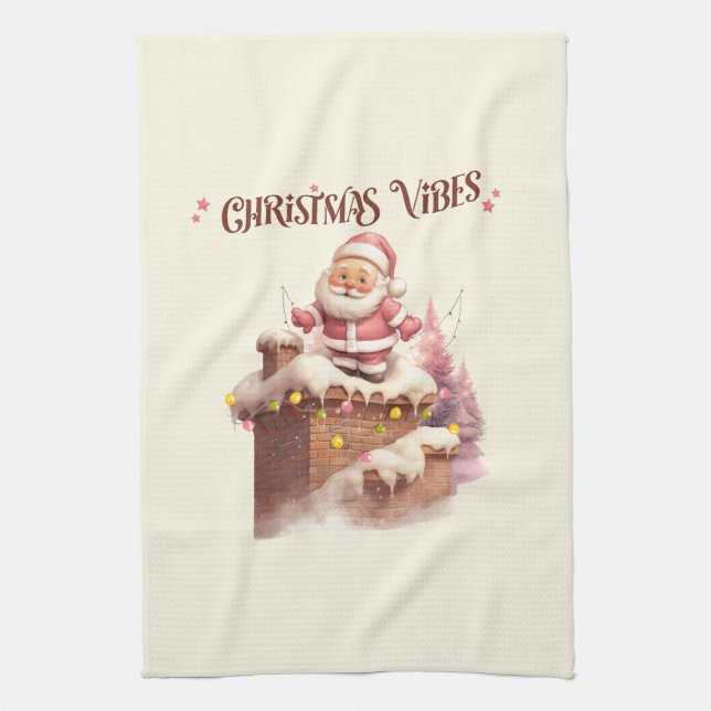 Christmas Vibes Pink Santa Geschirrtuch (Vertikal)