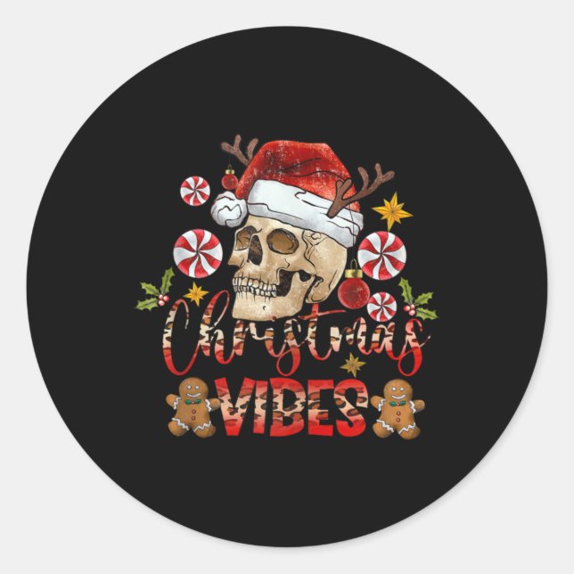 Christmas Vibes Skull Santa Hat Christmas Skeleton Runder Aufkleber (Vorderseite)