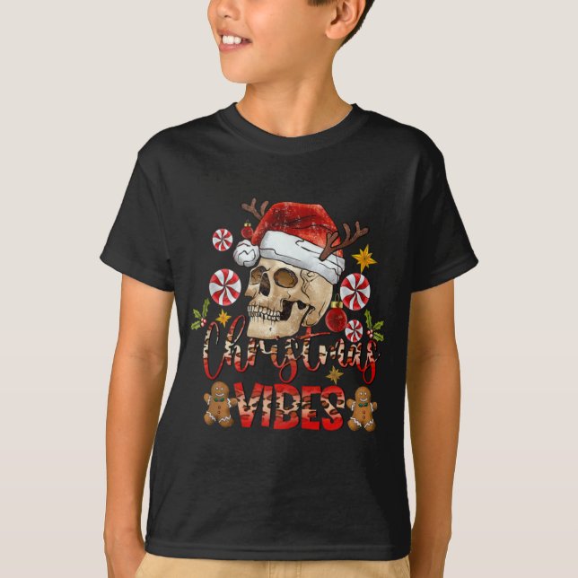 Christmas Vibes Skull Santa Hat Christmas Skeleton T-Shirt (Vorderseite)