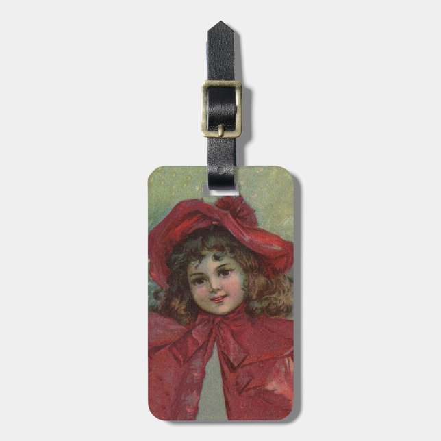Christmas Viktorianisch Child Red Hat Girl Portrai Gepäckanhänger (Vorderseite vertikal)