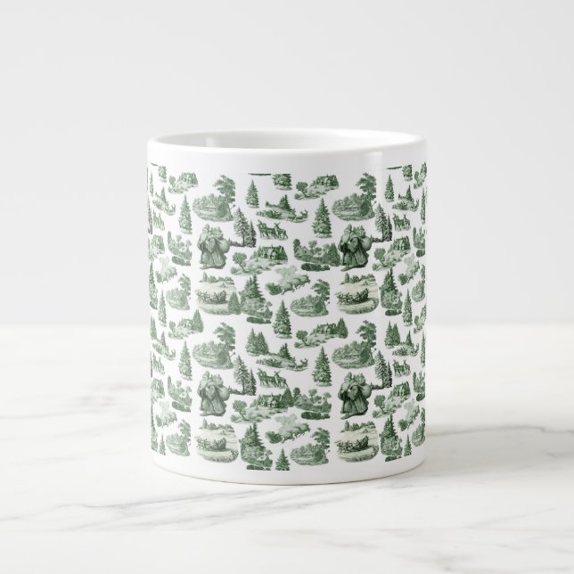 Christmas Village Themed Green Toile Design Jumbo-Tasse (Vorderseite)