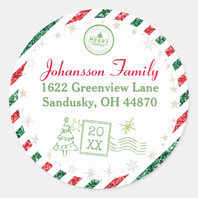 Christmas Vintag Air Mail Glitzer Runder Aufkleber (Vorderseite)