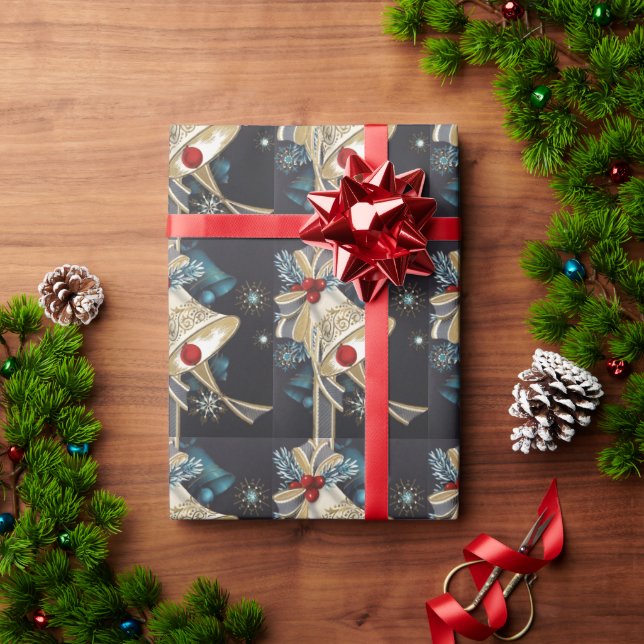 Christmas Vintag Blue Silver Bells Gold Bow Geschenkpapier (Feiertagsgeschenk)