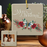 Christmas Vintag Butterfly Poinsettia Foto Keramikornament<br><div class="desc">Weihnachten Vintage Schmetterling Rote Blüte Foto Keramik Ornament. Erleben Sie den Zauber der Urlaubssaison mit unserem Weihnachtsschmetterlingsdekor. Dieses zeitlose Design verbindet die Eleganz der Natur mit der Wärme der Urlaubstraditionen. Personalisieren Sie mit Ihrem Foto, Name und Jahr auf der Rückseite. Macht ein großartiges Geschenk, um mit Familie und Freunden zu...</div>