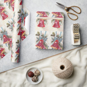 Christmas Vintag Red Glitzer Bells Blue Bow Holly Geschenkpapier