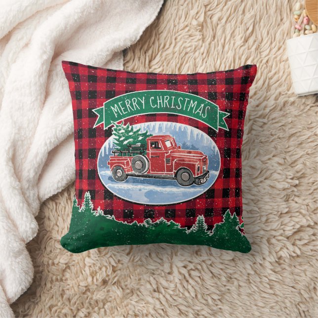 Christmas Vintag Red Truck Buffalo Karierter Name Kissen (Decke)