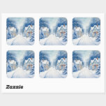 Christmas Vintag Village Blue Scene Quadratischer Aufkleber<br><div class="desc">Ein schöner Weihnachtsaufkleber,  um Ihre Weihnachtskarten oder Geschenke einer blauen Vintagen Dorflandschaft,  Schnee und eine Straße hinzuzufügen</div>