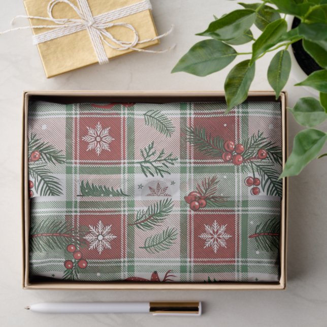 Christmas Vintage Plaid Holly & Deer Pattern Seidenpapier (Geschenk)