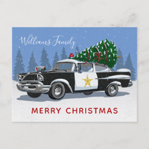 Christmas Vintage Police Car Tree Monogram Feiertagspostkarte