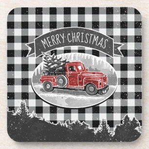 Christmas Vintage Truck Black Buffalo Pläd Name Getränkeuntersetzer