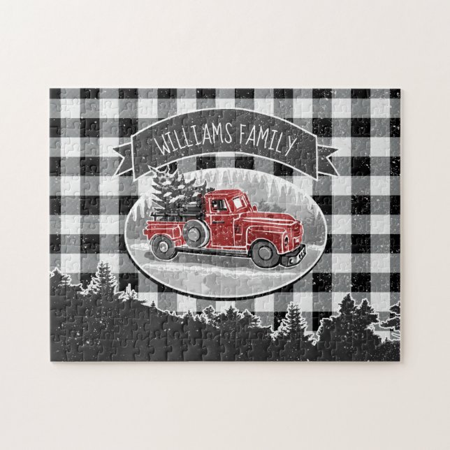 Christmas Vintage Truck Black Buffalo Pläd Name Puzzle (Horizontal)