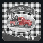 Christmas Vintage Truck Black Buffalo Pläd Name Quadratischer Aufkleber<br><div class="desc">Add your family name to these holiday stickers featuring a winter scene of a vintage red pickup truck driving through the snow and a Christmas tree in the back. A banner above has a family name for you to personalize in a modern white typography. The background is a black and...</div>