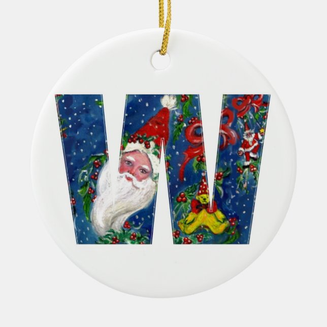 CHRISTMAS W LETTER / SANTA CLAUS MIT ROtem RIBBON Keramikornament (Vorne)