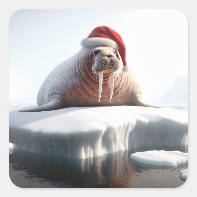 Christmas Walrus Tragen einer Weihnachtsmannmütze Quadratischer Aufkleber (Vorderseite)