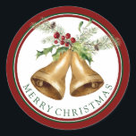 Christmas | Wasserfarbe - Holly Mistletoe & Bells Runder Aufkleber<br><div class="desc">Inspiriert Weihnachtsfeiertage mit einer einfachen (aber klassischen) Glockenschau, die Sie sicher in ein festliches Gefühl bringen wird. Zwei Glocken, die an Weihnachten lauschen und mit der Dekoration von Heiligen und Mistelen geschmückt sind. Ein atemberaubendes Aquarelldesign, das mit Freunden und Familie auf jeden Fall eine Glocke schlagen wird. Der traditionelle Weihnachtsstil,...</div>