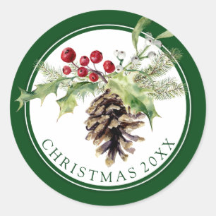 Christmas   Wasserfarbe - Vintag Holly & Pinecone Runder Aufkleber