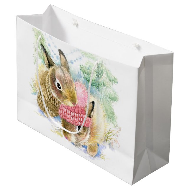 Christmas | Wasserfarbe - Winterwald Bunnies Große Geschenktüte (Vorderseite Schrägansicht)