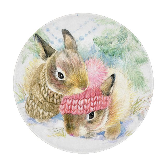 Christmas | Wasserfarbe - Winterwald Bunnies Schneidebrett (Vorderseite)