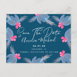 Christmas Watercolor Berry Blue Save the Date Postkarte