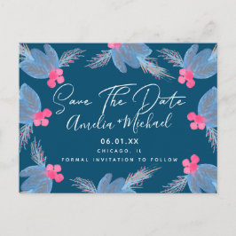 Christmas Watercolor Berry Blue Save the Date Postkarte