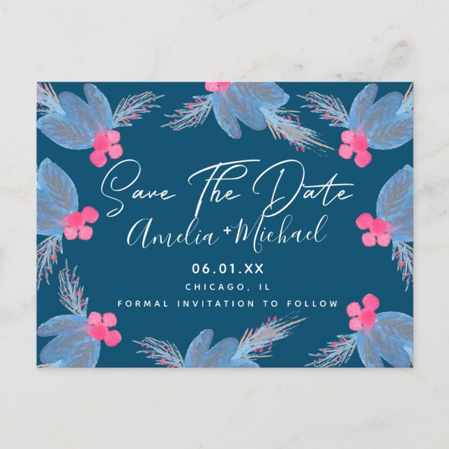 Christmas Watercolor Berry Blue Save the Date Postkarte (Vorderseite)