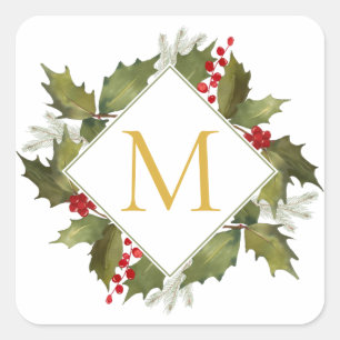 Christmas Watercolor Big Monogram Holly Wreath Quadratischer Aufkleber
