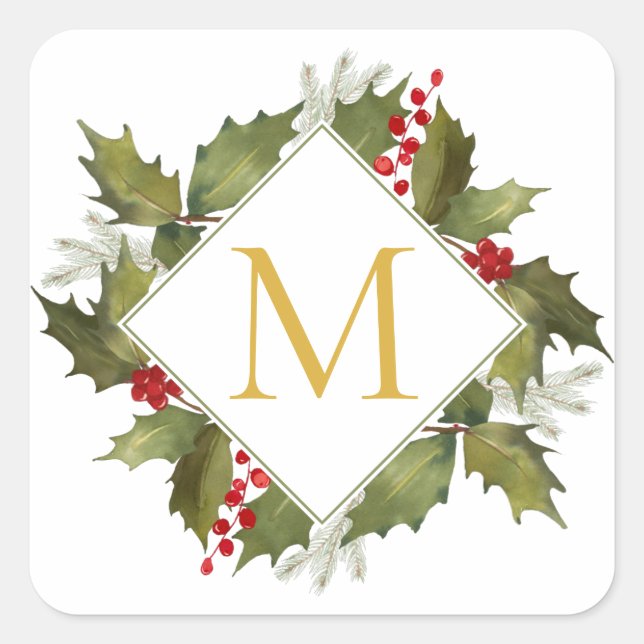 Christmas Watercolor Big Monogram Holly Wreath Quadratischer Aufkleber (Vorderseite)