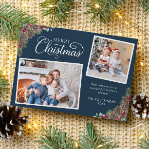 Christmas Watercolor Botanische 2 Foto Navy Blue Feiertagskarte