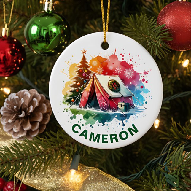 Christmas Watercolor Camping Custom Name Keramik Ornament (Von Creator hochgeladen)