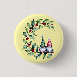 Christmas Watercolor Gnomes Sitting On Holly Twig Button