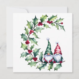 Christmas Watercolor Gnomes Sitting On Holly Twig Dankeskarte