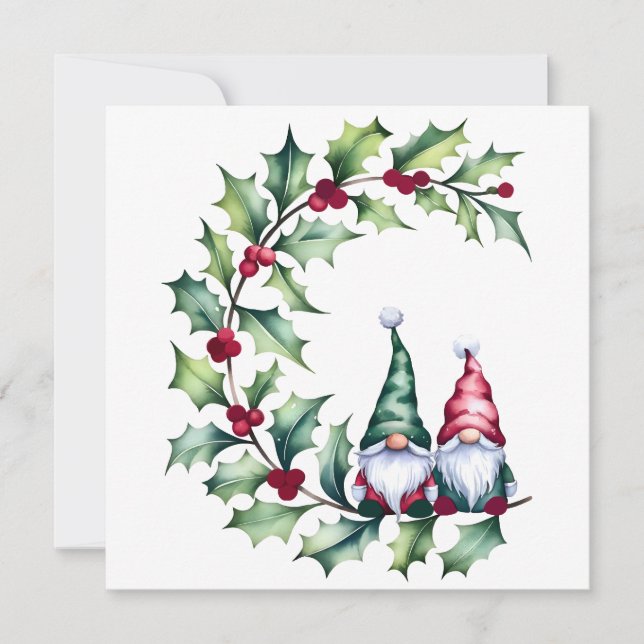 Christmas Watercolor Gnomes Sitting On Holly Twig Dankeskarte (Vorderseite)