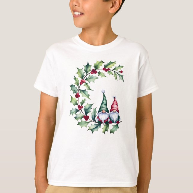 Christmas Watercolor Gnomes Sitting On Holly Twig T-Shirt (Vorderseite)