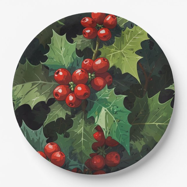 Christmas watercolor Holly berry leaves botanical  Pappteller (Vorderseite)