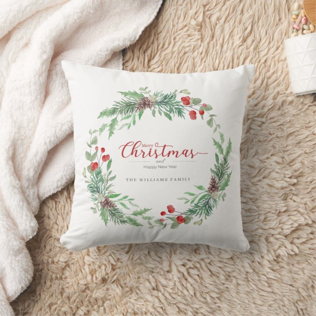 Christmas Watercolor Holly Wreath Throw Pillow Kissen (Decke)