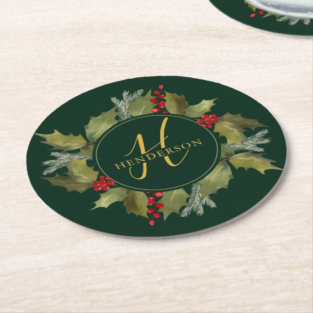 Christmas Watercolor Monogram Script Holly Wreath Runder Pappuntersetzer (Angewinkelt)