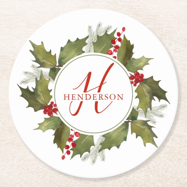 Christmas Watercolor Monogram Script Holly Wreath Runder Pappuntersetzer (Vorderseite)